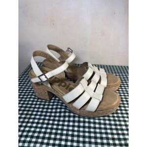 Hush Puppies Strappy White Leather Sandal Cork Heels Sz 10 Comfort
